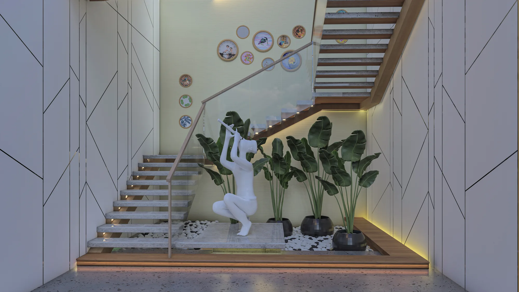 Sculptural Teak Staircase Atrium & Zen Garden